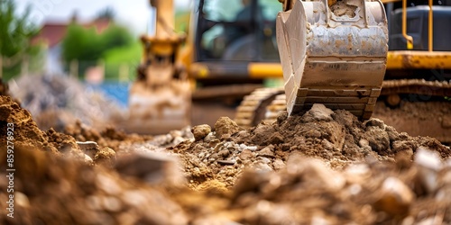 Backhoes excavating soil for new building foundation at construction site. Concept Construction, Excavation, Backhoes, Building Foundation, Construction Site