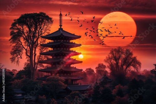 Silhouette of a traditional multi-tiered pagoda surrounded by trees at sunset, with a large, vibrant, orange-red sun and a flock of birds flying across the sky. Use for wallpaper