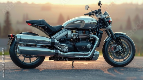 A silver Triumph Rocket 3 R cruiser motorcycle parked on a paved road at sunset