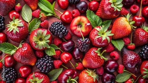 Vibrant fruit arrangement featuring juicy strawberries, plump cherries, and succulent blackberries on a rich red background, surrounded by identical cherry-shaped accents.