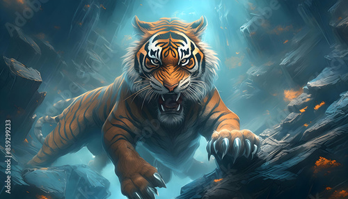 Artistic strange magic tiger fighting on digital art concept, Generative AI.