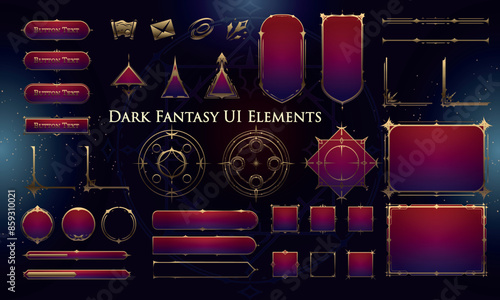 Set of Dark Fantasy Elements for user interface, poster, video. Fantasy magic HUD. Template for rpg game interface. Vector Illustration EPS10