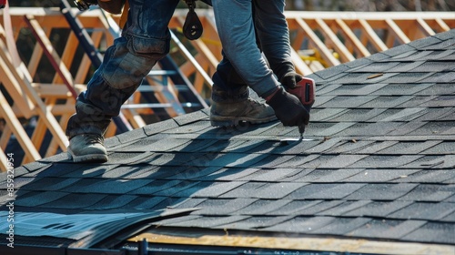 Roofer Worker in Protective Uniform Using Pneumatic Nail Gun to Install Asphalt Shingles on a New Roof of Residential Building Under Construction
