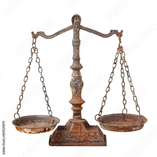 Rusted antique balance scales of justice with chain and pan, cut out