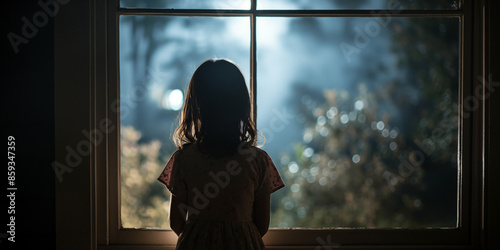 girl look out glass window,lonely think of parent