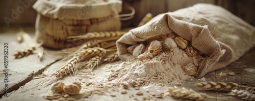 Rustic sack of flour and wheat grains on a wooden table, evoking a vintage and natural food preparation atmosphere.