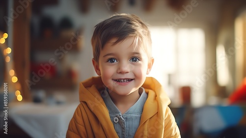 Candid Happy Child A portrait of a little boy with bright eyes and a cheerful expression, captured candidly at home The background is blurred, highlighting his joyful face