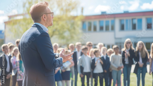 Head teacher and principal speaking to group of students outside school building on sunny day creating an engaging and interactive atmosphere