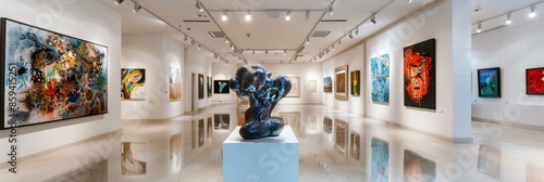 A wide-angle interior shot of a contemporary art gallery featuring abstract paintings and sculptures displayed on white walls illuminated by track lighting