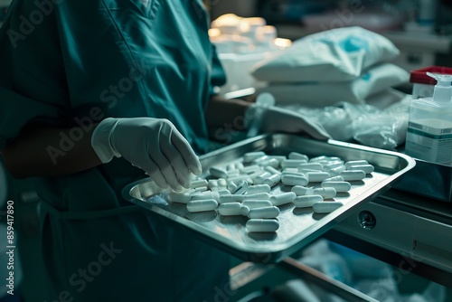 Nurse arranging medical supplies on a tray