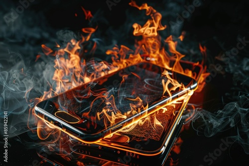 A burning cell phone sitting on a table, with flames engulfing the device