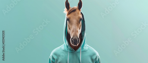 A horse's head is humorously photoshopped onto a human body wearing a teal hoodie, creating a quirky and fun visual.