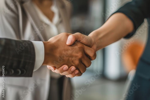 Business professionals shaking hands indicating successful agreement in modern office setting