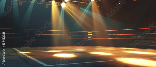 A solitary wrestling ring bathed in dramatic lighting stands in an empty arena, waiting for the next match to begin.