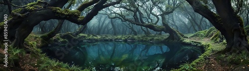 Mysterious forest pond surrounded by twisted trees and moss-covered ground, evoking a magical and serene atmosphere.