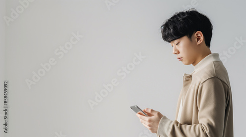 清潔感のある若いビジネスマンの男性がスマホで婚活出会いアプリを使用する横顔の白背景写真