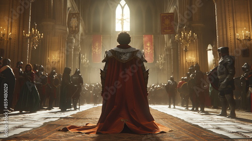A lone knight, dressed in full armor, kneels before a king in a grand hall, surrounded by courtiers and guards. The image captures a moment of solemn ceremony and possible redemption