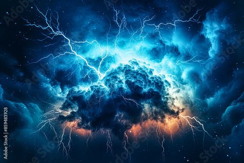 A stormy sky with a bright blue sky and a large bolt of lightning.