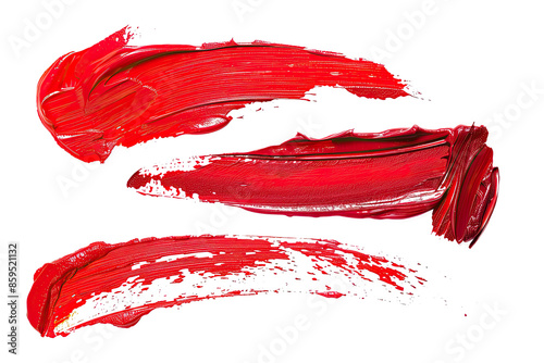 Set of scarlet red lipstick and nail polish brushes swatch strokes isolated on transparent background