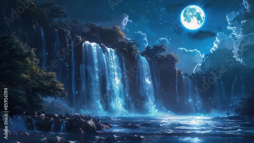 Enchanting nighttime waterfall with full moon illuminating water and surrounding forest, creating a magical and serene atmosphere.