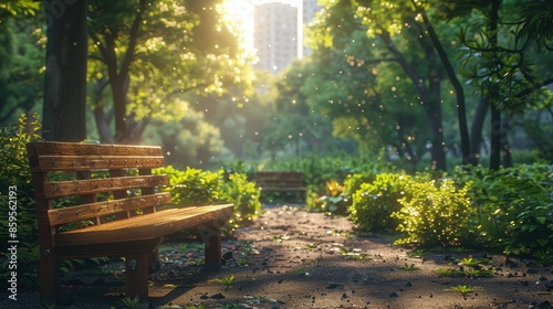 Serene park scene with a wooden bench bathed in warm sunlight, surrounded by lush greenery and tall trees. Urban buildings in the background.