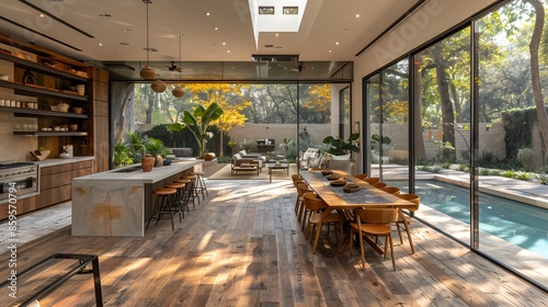 A modern kitchen and dining area with large windows overlooking an outdoor pool and garden, bathed in natural light. 