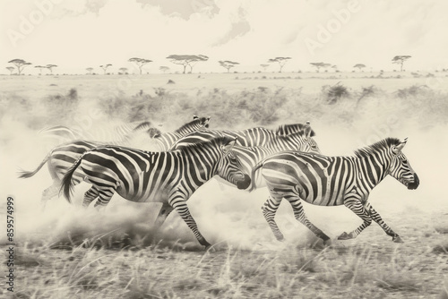 A group of zebras runs across the savannah, dust rising from their hooves