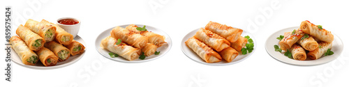 Collection of egg rolls in white plate isolated on transparent background