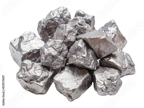 A pile of shiny aluminum ore rocks showcasing their natural, reflective surfaces and solid textures. Ideal for geological study and mineral collection. Isolated on transparent background, png.