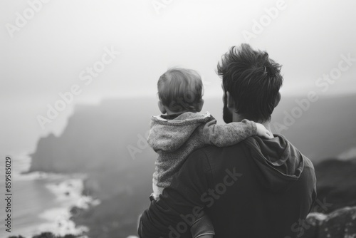 A father holds his child close to him on his shoulders, a moment of bonding and connection