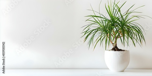 Ponytail Palm (Beaucarnea recurvata) in a White Pot on a White Background. Concept Houseplant Photography, Indoor Gardening, Plant Styling, Interior Decor, White Pot Trend