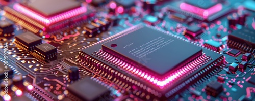 Close-up of a computer microchip on a circuit board with glowing pink lights, representing advanced technology and digital innovation.