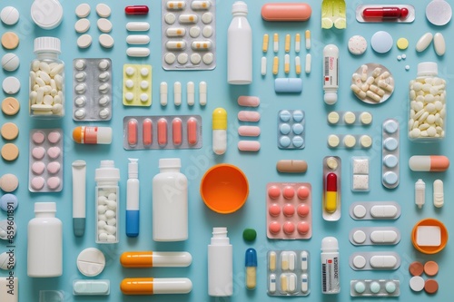 A high-angle view of various medication bottles and pills organized in rows, showcasing different types of pharmaceuticals in containers.