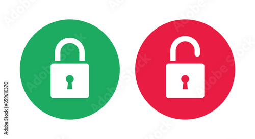 Lock and unlock icon privacy symbol set in green and red circle for user interface design. Lock icon collection. Locked and unlocked icon set. Flat security symbol. Vector Icon.