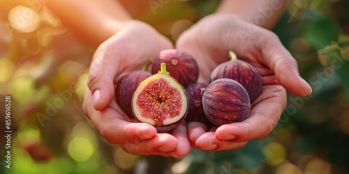 farmer holding dark figs close up against field background