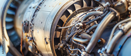 A detailed image of an airplane engine, showcasing its complex structure and intricate components in sharp focus.