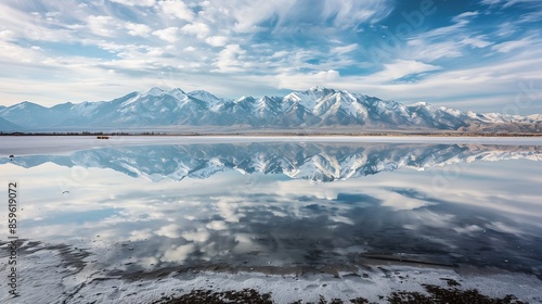 Landscape with Wasatch Mountains reflected in salty pool of water  Salt Lake City Utah : Generative AI