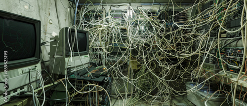 An overloaded server room with a chaotic tangle of cables, highlighting the complexity and disorder in technological setups.