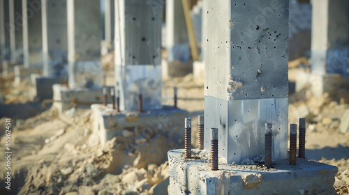 Concrete pilasters in a construction site Structural columns of foundations ready to build a metalic structure Footings with metal plates and bolts for metalic pillars Steel structure : Generative AI