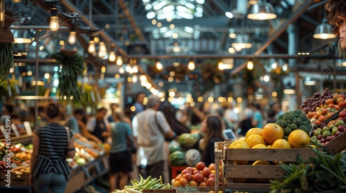 A busy indoor farmers market with shoppers browsing colorful produce