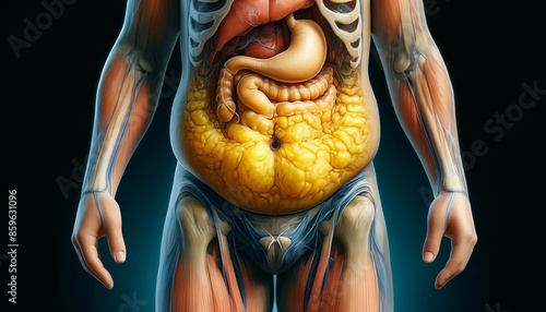 Abdominal Fat Distribution in Human Body - Medical Illustration. Detailed medical illustration highlighting fat distribution in the abdominal region. Visible yellow fat deposits around the stomach.