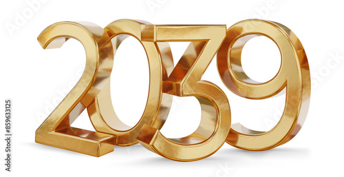 2039 golden metallic new year symbol, isolated, gold bold number as year, 3d-illustration