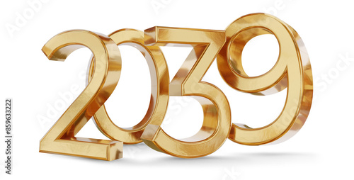 2039 golden metallic new year symbol, isolated, gold bold number as year, 3d-illustration