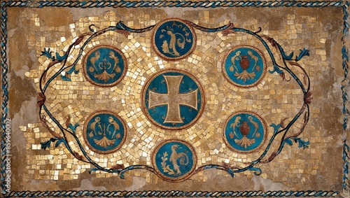 A close-up of a Byzantine mosaic ceiling in Istanbul, featuring a central cross surrounded by floral motifs and decorative circles