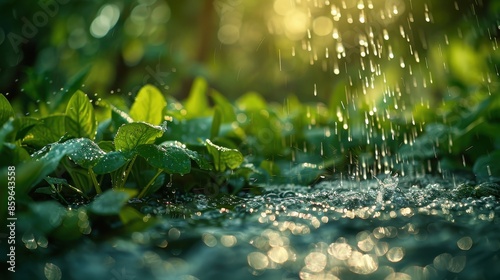 Raindrops are seen falling on lush green plants with sunlight peeking through, creating a serene and refreshing atmosphere. The image evokes renewal and natural beauty.