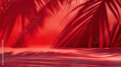 Vibrant red background with tropical palm leaf shadows, creating a warm and exotic ambiance perfect for summer-themed designs.