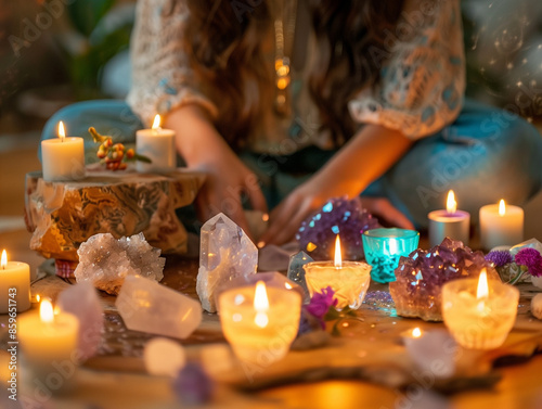 Person Arranging Crystals and Candles on a Sacred Altar with Warm Lighting for Spiritual Meditation