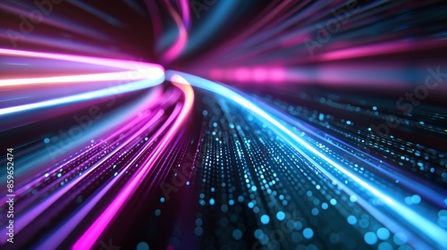 Abstract high-speed data transfer with ultra-fast broadband, digital cyber tech motion, luminous connections, neon pathways, and futuristic tech grid, vibrant colors and dynamic flow