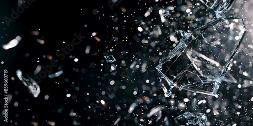 Dynamic glass texture featuring shattered pieces with bits and shards exploding in the air. Black backdrop contrasting with the fragments of broken glass pieces. Blur and bokeh motion effect.