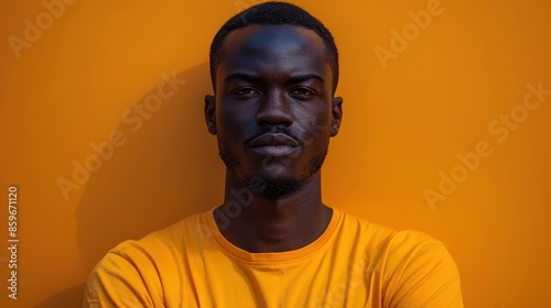 A striking portrait of a man in a vibrant orange shirt, standing confidently with folded arms against an orange background, highlighting a strong and assertive demeanor.